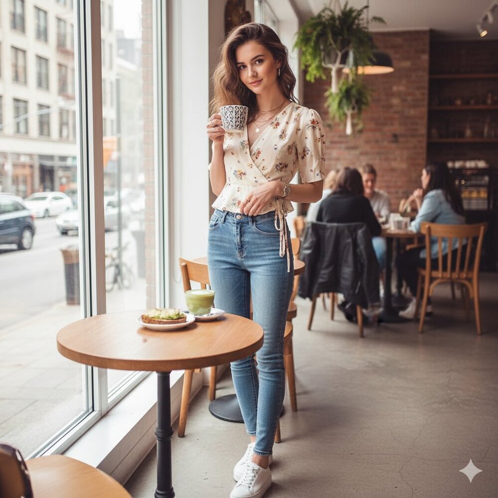 J.ING Jing Ivory Floral Print Surplice V-Neck Wrap Tie Detail Blouse Top S NWT